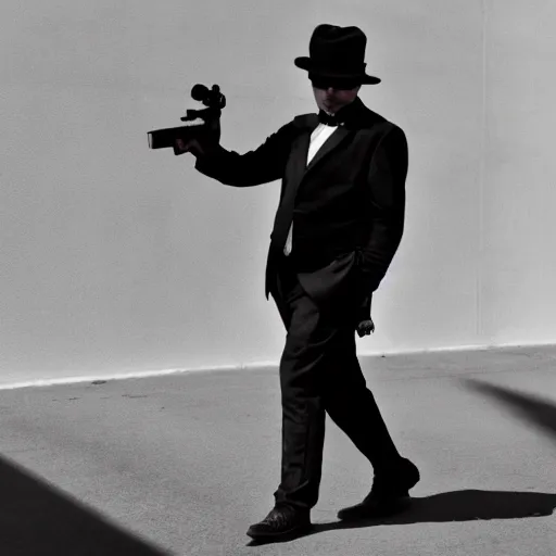 Image similar to a mysterious man in a black suit and black hat is walking towards camera. he has a pistol. strong shadows, high contrast, atmospheric