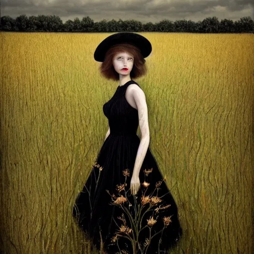 Image similar to a girl standing in a field, alone, wearing black dress and hat, doll in hand, detailed hands, by andrea kowch, dark, scene, magic realism, flowers, perspective