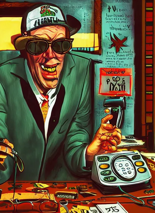 Image similar to Fear & Loathing in Las Vegas style movie poster artwork, Rendering of Hunter S Thompson talking on a rotary telephone at his desk late at night smoking a cigarette with a long filter and wearing a green accountants visor, clean, full of detail, Matte painting, trending on artstation and unreal engine