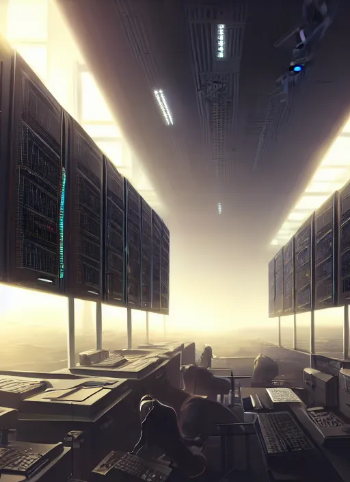 Prompt: computers, wired in, in a highly detailed server room with computers everywhere, cinematic view, epic sky, detailed, concept art, low angle, high detail, warm lighting, volumetric, godrays, vivid, beautiful, trending on artstation, by jordan grimmer, huge scene, art greg rutkowski