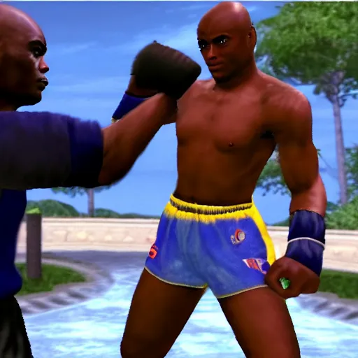 Image similar to attacking screenshot of anderson silva in tekken, ps 1 graphics, fighting game, forest, sd video, tekken playstation, health bar hud