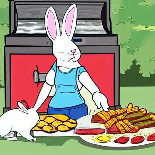 Image similar to cartoon of a pet rabbit sweating scared by the bbq grill