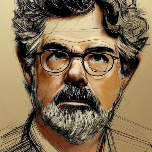 Image similar to a realistic yet scraggly portrait sketch of the side profile of a stern and sophisticated george lucas, trending on artstation, intricate details, in the style of frank auerbach, in the style of sergio aragones, in the style of martin ansin, in the style of david aja, in the style of mattias adolfsson