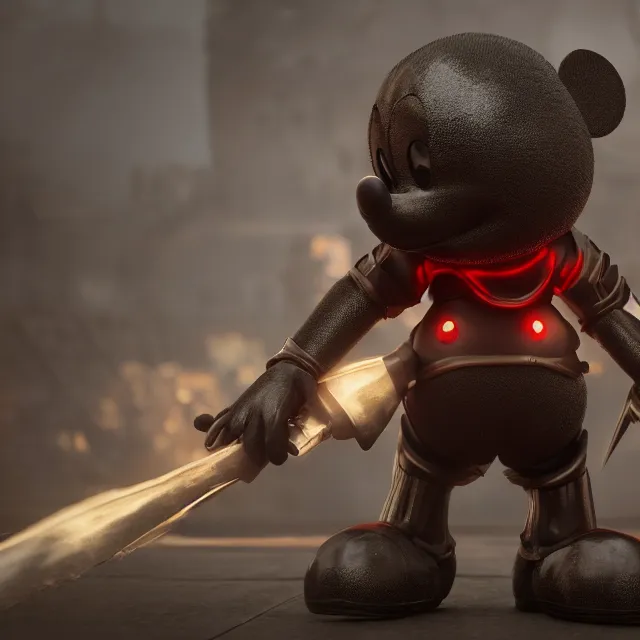 Prompt: ultra realistic mickey mouse wearing heavy armour, dark cinematic, volumetric, realistic, 3 d render, realistic render, cinematic lighting, volumetric lighting, atmospheric, cinematic, unreal engine 5, unreal engine render, octane render, hd, photorealism, hyper realistic, photo, 8 k