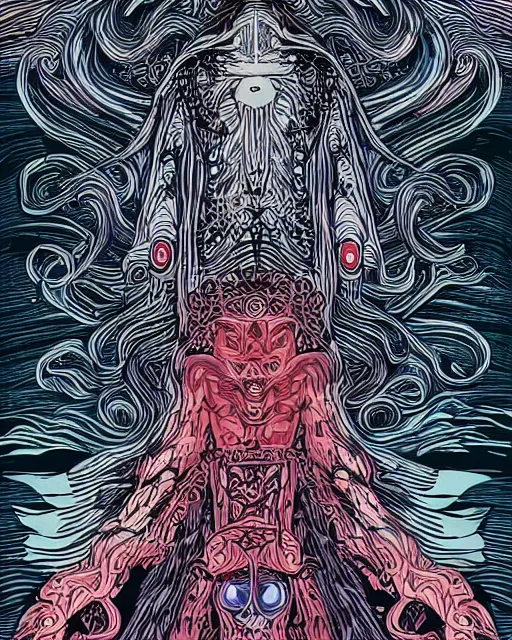 Image similar to a monsterous chtulu is connected via organic bands with a man in a long cloak, symmetrical, cinematic, dot gradient, acryl on canvas, vector, james jean