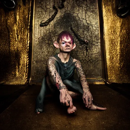 Prompt: gollum couching in a dungeon proudly wearing gold and jewelry and bling, hip hop style, tattoos, lotr, imax, foggy atmosphere, bokeh, professional studio shot, stylized photo, single image