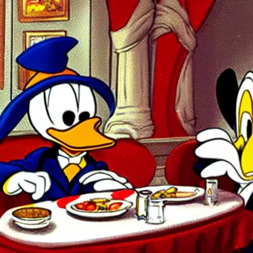 Image similar to Donald Duck invites Scrooge McDuck to dine in a very fancy restaurant