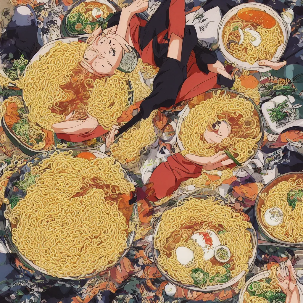 Prompt: a color manga illustration of naruto laying in a pile of ramen noodles and bowls, holding a large bowl of ramen and slurping up noodles. the view is top down. his mood is one of delicious bliss and the sense of the image is abundance. the image is illustrated in high colorful detail by masashi kishimoto and is very very very detailed.