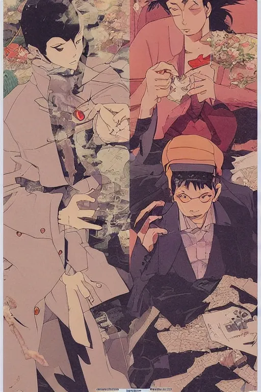 Prompt: 'smoking. artwork by Satoshi Kon and Yoshitaka Amano and Moebius'