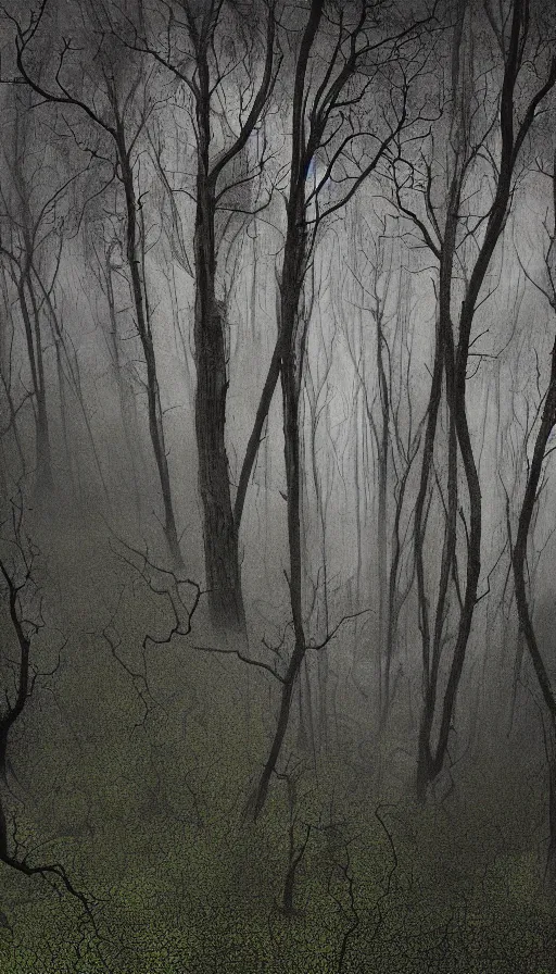Image similar to a storm vortex made of many demonic eyes and teeth over a forest, by peter holme iii