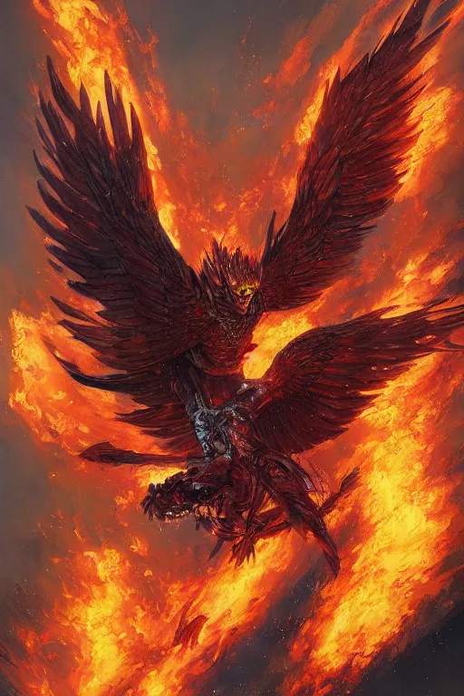Image similar to a phoenix flies and burns everything in its path by Noriyoshi Ohrai, highly detailed, trending on artstation