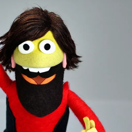 Image similar to bearded dave grohl as a muppet playing guitar. highly detailed felt. hyper real photo. 4 k.