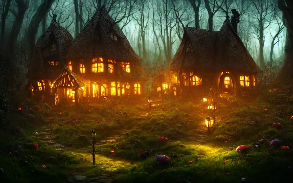 Prompt: gloomy fairytale forest with a singular witches cottage made of candy in the distance, visual novel key visual, award - winning digital art on pixiv, trending on artstation, cinematic lighting, dramatic lighting, epic cinematic, stunning and beautiful scenery - highly detailed, hyperrealistic, unreal engine 5, in the style of tim burton and guillermo del toro