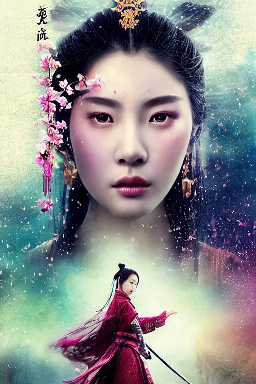 Image similar to beautiful cinematic fantasy portrait of wuxia heroine, in forbidden City Rainning, flowers sea everywhere, beautiful glowing galaxy eyes, hybrid from Dynasty Warriror and art direction by tian zi and WLOP and Darius Zawadzki cinematic quality character render; low angle; fantasy, intricate, very very beautiful, elegant, highly detailed, digital painting, production quality cinema model;