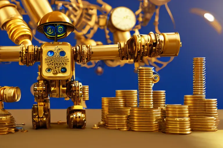 Image similar to photo of a golden and blue metal steampunk office robot with gears and tubes sitting in a modern office, on the table is a suitcase with money, eyes are glowing red lightbulbs, shiny crisp finish, 3 d render, 8 k, insaneley detailed, fluorescent colors, background is multicolored lasershow