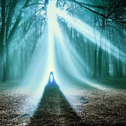 Prompt: a cyber ghost floating alone in the woods at night. dramatic rays of light through the trees.