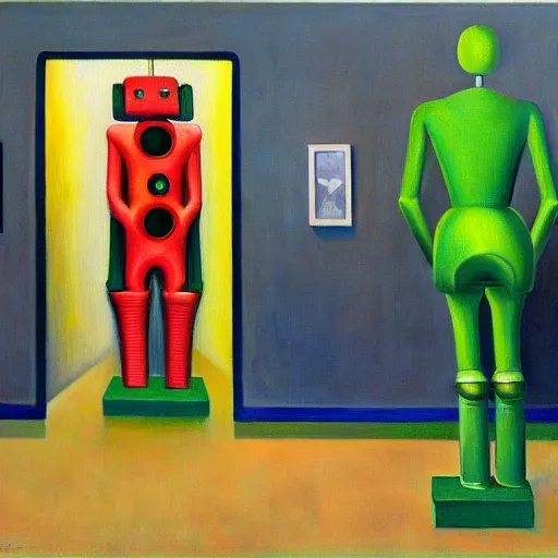 Image similar to people in robot suits, pj crook, edward hopper, oil on canvas