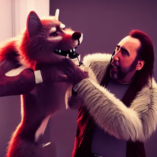 Image similar to nicolas cage beating up furry cosplayers, 8 k, octane render, beautiful composition,