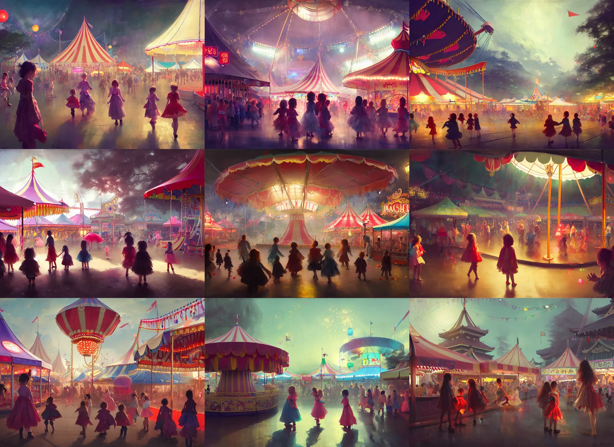 Prompt: young girls enjoying rides and amusements at a small carnival amusement, food stalls, big top circus tent, roaming entertainers, flashing lights, highly detailed, magical, japan mountains, digital painting, concept art, matte, art by ruan jia and wlop and greg rutkowski and makoto shinkai, masterpiece