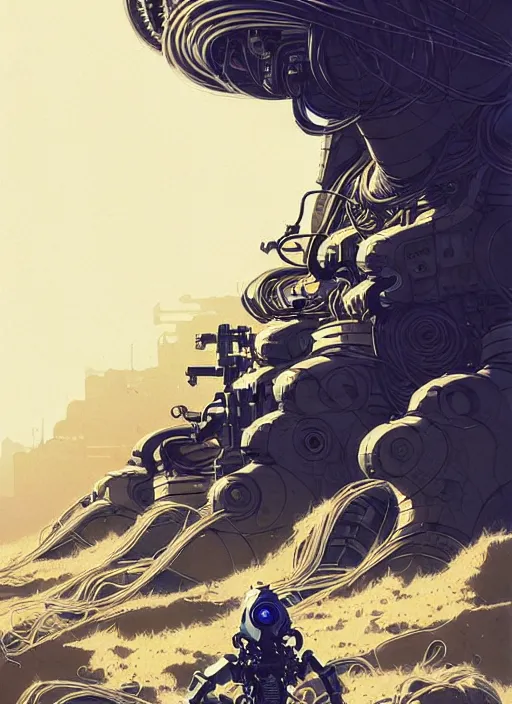 Image similar to highly detailed portrait of a robotic cyborg long curly white hair nomadic tribal lady, stray wiring and tubing by atey ghailan, james gilleard, by joe fenton, by greg rutkowski, by greg tocchini, by kaethe butcher, 4 k resolution, gradient yellow, black and white color scheme!!! ( ( robotic sandstorm robotic pyramid landscape background ) )