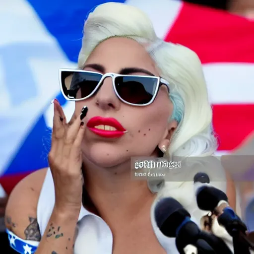 Image similar to Lady Gaga as president, Argentina presidential rally, Argentine flags behind, bokeh, giving a speech, detailed face, Argentina