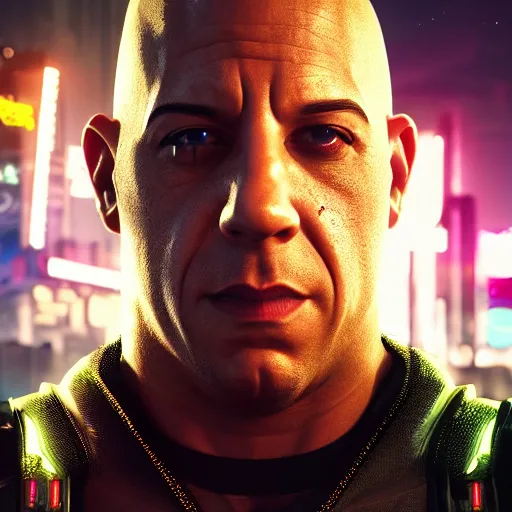 Image similar to vin diesel portrait, cyberpunk 2 0 7 7, cyberpunk jackie welles, photorealistic, ultra detailed, neon, octane, bokeh, cinematic lighting, cyber, cyberpunk city, studio quality, feature, scars, cyberface, 8 k