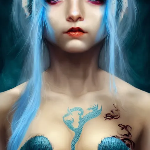 Prompt: The dragon girl portrait, portrait of young girl half dragon half human, dragon girl, dragon skin, dragon eyes, dragon crown, blue hair, long hair, highly detailed, cinematic lighting, Matte painting by Wes Craven