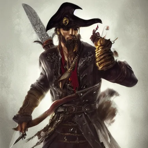Prompt: Full body shot of pirate Captain wielding a sandstone rapier and sandstone dagger. Wearing a hat with an impressive feather and with a brutal scar across his neck. Dark magic, necromancy, dark lighting, flux. High fantasy, digital painting, HD, 4k, detailed by Ruan Jia