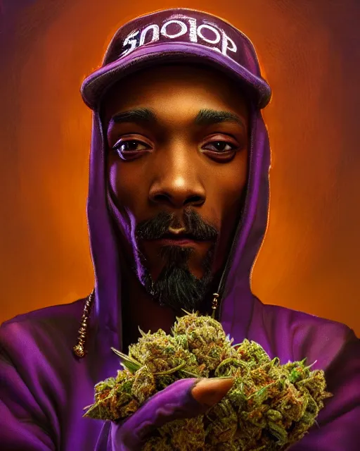 Image similar to snopp dogg holding pounds of weed turkey bags, accurate details, detailed face, purple liquid in cup glowing, fantasy, dramatic, intricate, elegant, highly detailed, digital painting, artstation, concept art, smooth, sharp focus, illustration, art by Gustave Dore, octane render