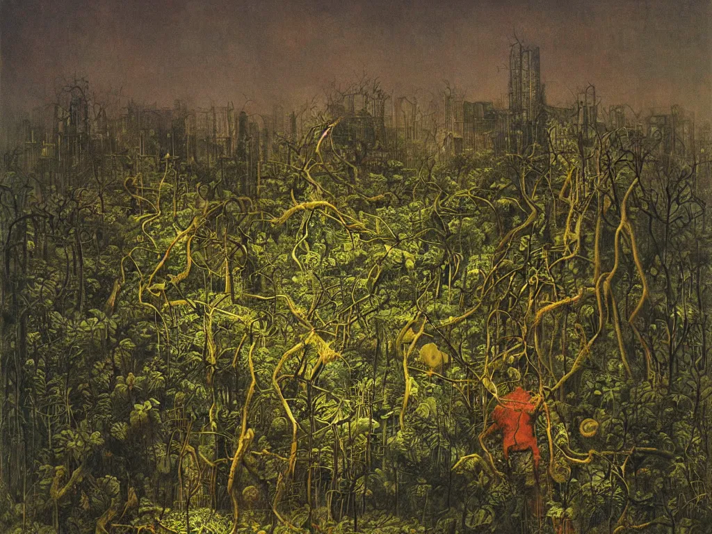 Image similar to Apocalypse with vegetation, leaves, creepers, ivy, ferns taking over the industrial metropolis, toxic, machinery, factory. Recursion. Thunderstorm, autumn light. Painting by Beksinski, Max Ernst