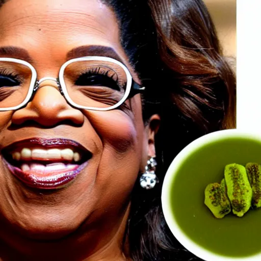 Image similar to a dish of oprah winfreys face fused with okra veg with green stalky ( ( green oprah winfrey's face ) ), oprah okra winfrey sentient veg