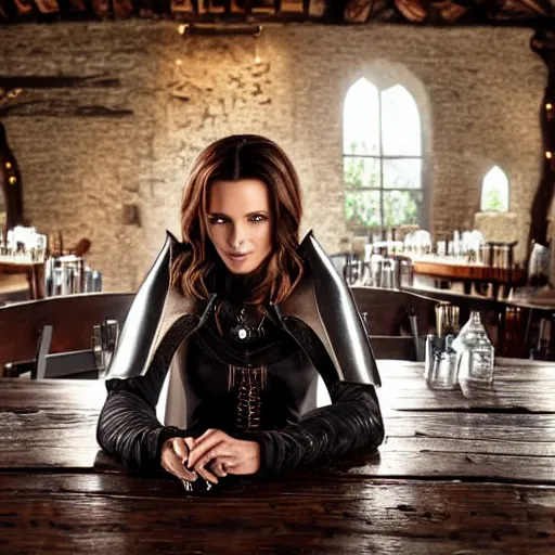 Prompt: Beautiful young woman is sitting near a round table with beer mugs, a dagger stuck in table, a map and lockpics on it. She is dressed as a fantasy thief in black leather armor, a caped cloak. She is looks like Kate Beckinsale. She is looking straight ahead, her eyes wide open and speak something. She looks mysterious and mystical. The tavern is hard to see because of the smoke and the smoke of a large fireplace and torches. Fantasy art, high detail, 4k