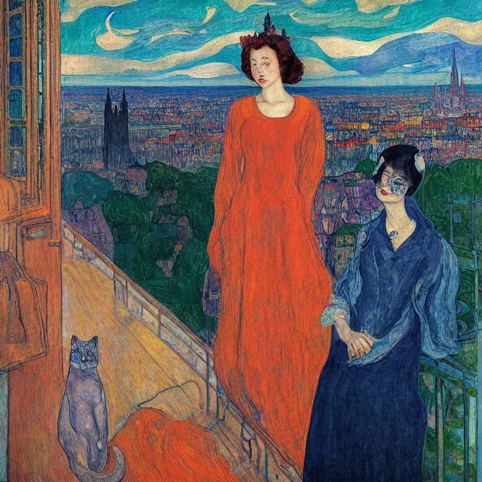 Prompt: close portrait of woman in transparent vaporous night gown with cat and aloe vera, with city with gothic cathedral seen from a window frame with curtains. sun through the clouds, vivid iridescent psichedelic colors. agnes pelton, egon schiele, munch, henri de toulouse - lautrec, utamaro, monet