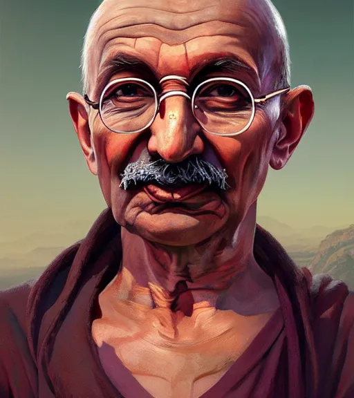 Prompt: Highly detailed portrait of Gandhi, in GTA V, Stephen Bliss, unreal engine, fantasy art by Greg Rutkowski, Loish, Rhads, ferdinand knab, Makoto Shinkai and Lois van baarle, ilya kuvshinov, rossdraws, Tom Bagshaw, global illumination, radiant light, detailed and intricate environment