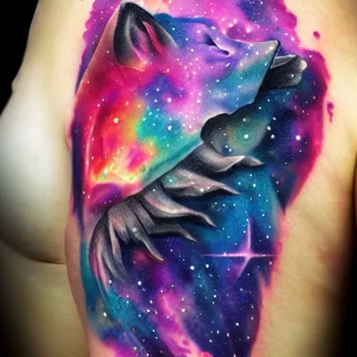 Prompt: A galaxy wolf shaped nebula watercolor tattoo, highly detailed,