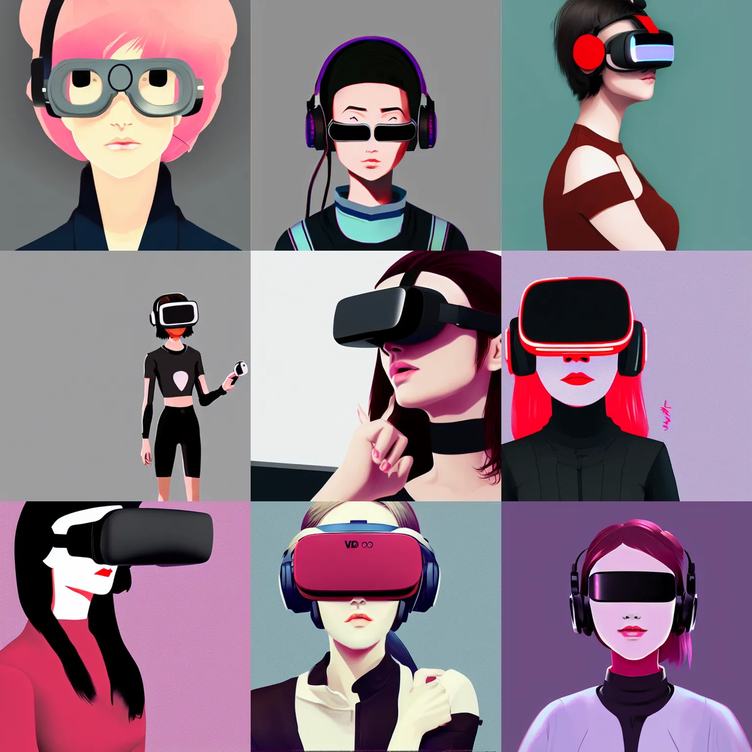 Prompt: female wearing vr headset in the style of ilya kuvshinov