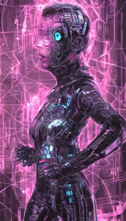 Prompt: full body head to toe portrait of a cyberpunk sci-fi cyborg netrunner bionic man, third person, D&D, sci-fi fantasy, matrix , intricate, black with shiny silver and pink fringe highlights, highly detailed, art by Range Murata, highly detailed, 3d, octane render, bright colors, digital painting, trending on artstation, sharp focus, illustration style of Stanley Artgerm, dramatic background