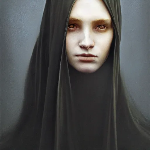 Image similar to a portrait of a young woman wearing a long dark cloak, hood and shadows covering face, anatomically correct, beautiful perfect face, enigmatic, oil painting, matte painting, black background, Volumetric Golden dappled dynamic lighting, Highly Detailed, Cinematic Lighting, Unreal Engine, 8k, HD, by Beksinski