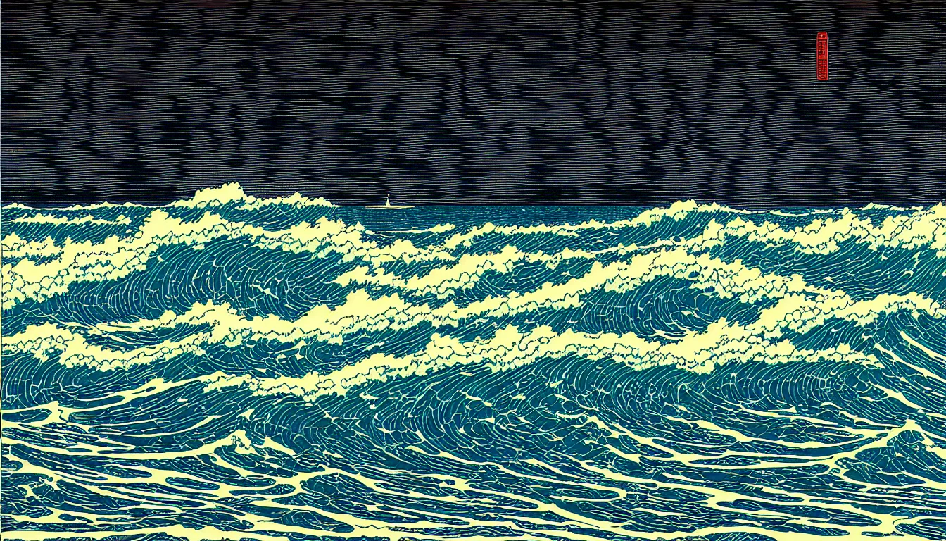 Prompt: ocean storm by dan mumford and peter doig and edward hopper, symmetrical, minimal, black ink, thick lines highly detailed, muted colours, overlaid with chinese adverts, 8 k