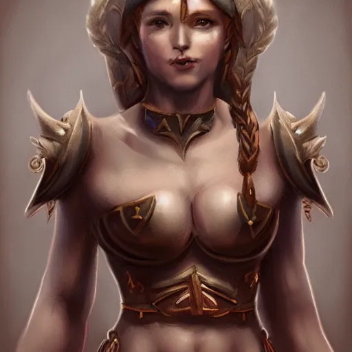 Image similar to fantasy portrait of a kind female Minotaur warrior, concept art, soft lighting