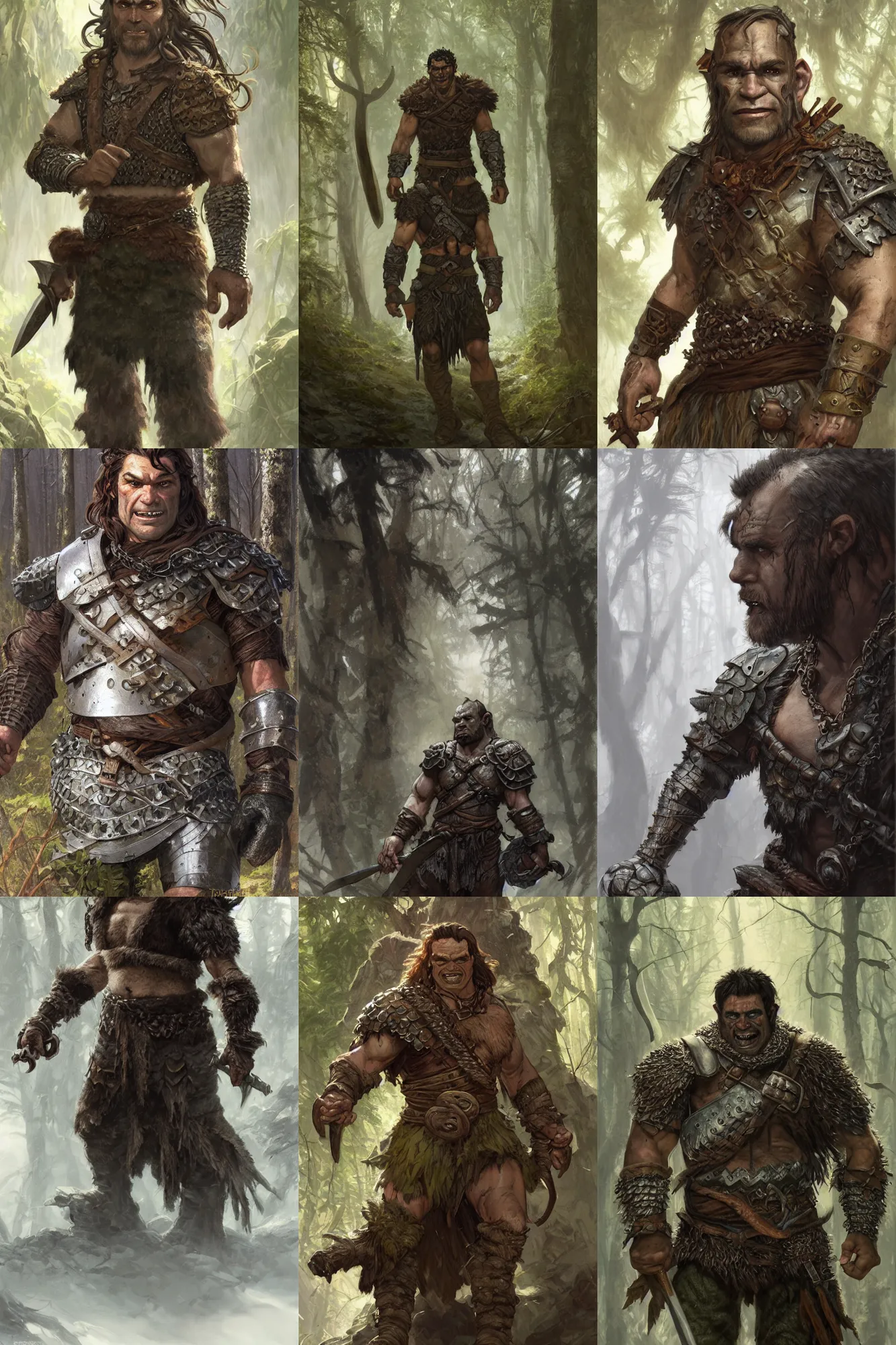 Prompt: portrait of a ruggedly handsome half - orc fighter with short brown hair wearing chain mail armor exploring a forest, half body, fantasy, highly detailed, digital painting, artstation, concept art, character art, art by greg rutkowski and tyler jacobson and alphonse mucha
