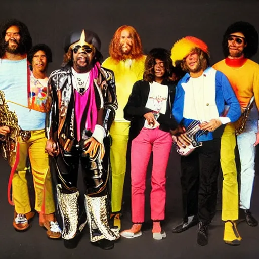 Prompt: 1 9 7 0's funk band, guitarists, bassist, drummer, brass horns, keyboardist, vocalist, backup vocalists, colorful retro - future clothes, robotic prosthetic limbs, dermal implants, cyborg, futuristic, realistic, promo photograph, epk, high quality, highly detailed, parliament, funkadelic