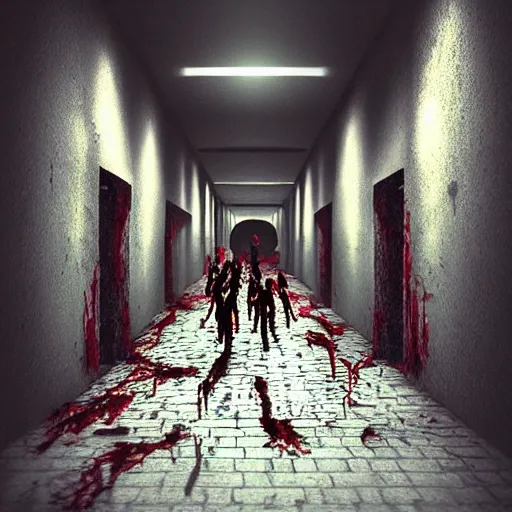 Prompt: “ horde of zombies running through a narrow hallway, bloody, hyper realism, moody lighting, 4 k ”