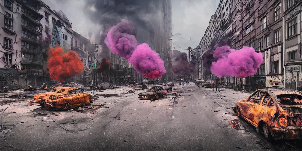 Image similar to post - apocalyptic kreuzberg streets covered in colorful smoke, burned cars, explosions, hyperrealistic, gritty, damaged, drone photography, photorealistic, high details