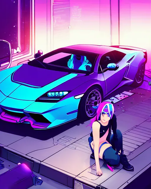 Image similar to digital illustration of cyberpunk pretty girl with blue hair, looking at a purple lamborghini, in junkyard at night, by makoto shinkai, ilya kuvshinov, lois van baarle, rossdraws, basquiat