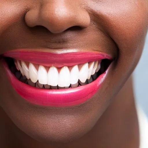 Image similar to A close-up of a smile, with the teeth and gums painted in bright colours.