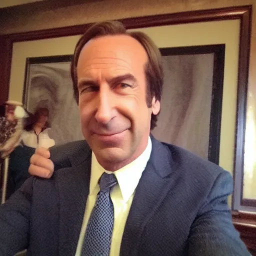 Image similar to zoomed in cameraphone photo low resolution Saul Goodman selfie