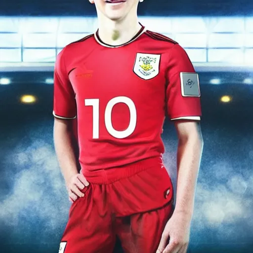 Image similar to “A realistic photo of English football player Mason Mount as a humanoid android with shiny skin and wearing his soccer uniform”