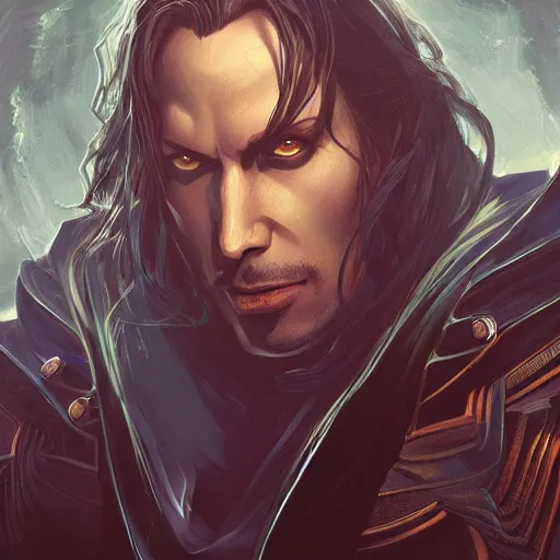 Image similar to portrait of a Castlevania\'s Dracula, in a sci fi setting, cyberpunk setting, highly detailed, digital painting, artstation, smooth, sharp focus, illustration, art by artgerm and greg rutkowski and alphonse mucha