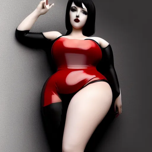 Image similar to a curvy feminine pale goth cutie wearing an elegant elaborate tight latex-nylon-leather red-black tube gown, thin-waist, cgsociety, photorealistic, sublime-comforting ambience, 16k, smooth, sharp focus, trending on ArtStation, volumetric lighting, worksafe